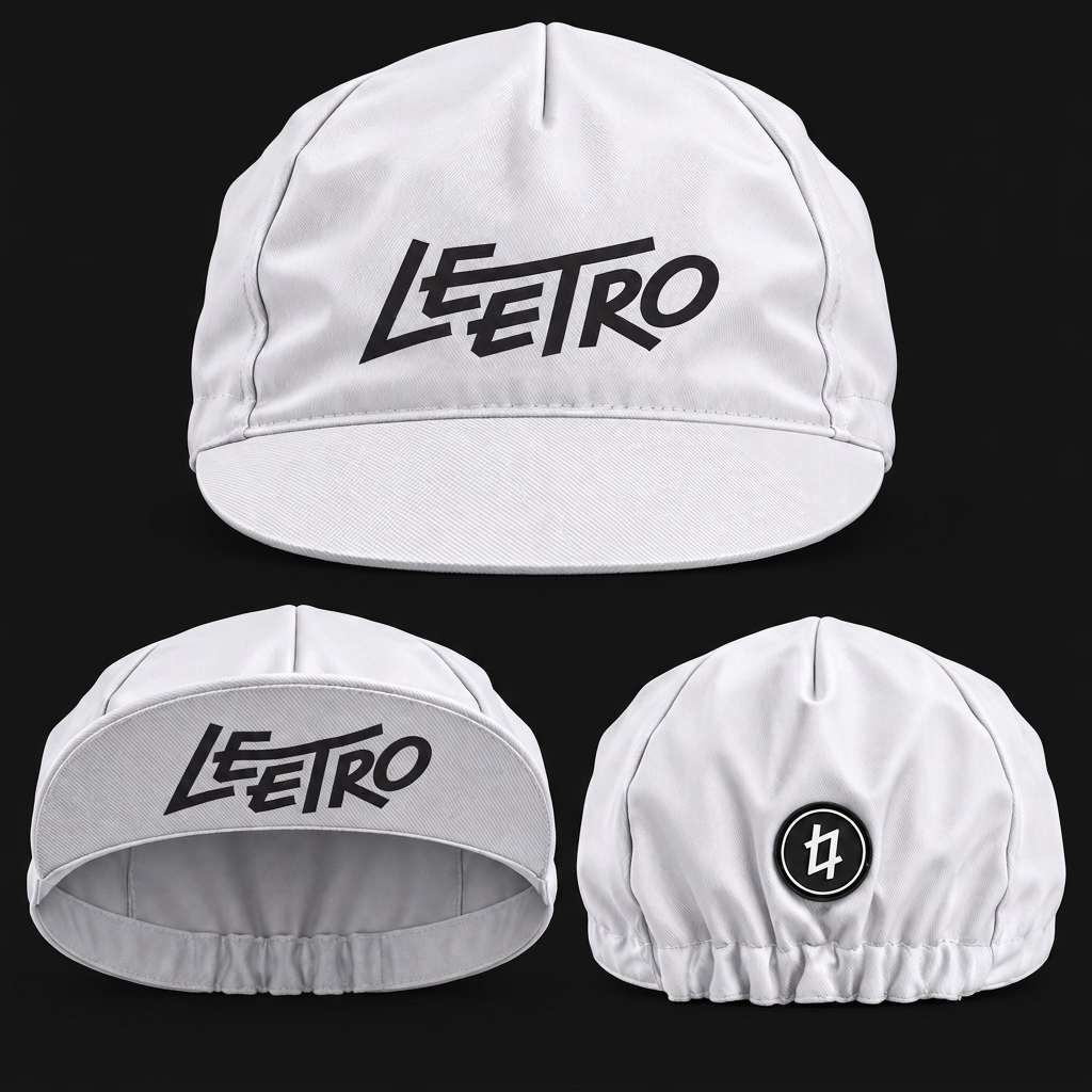 White LEETRO cycling cap on charcoal background