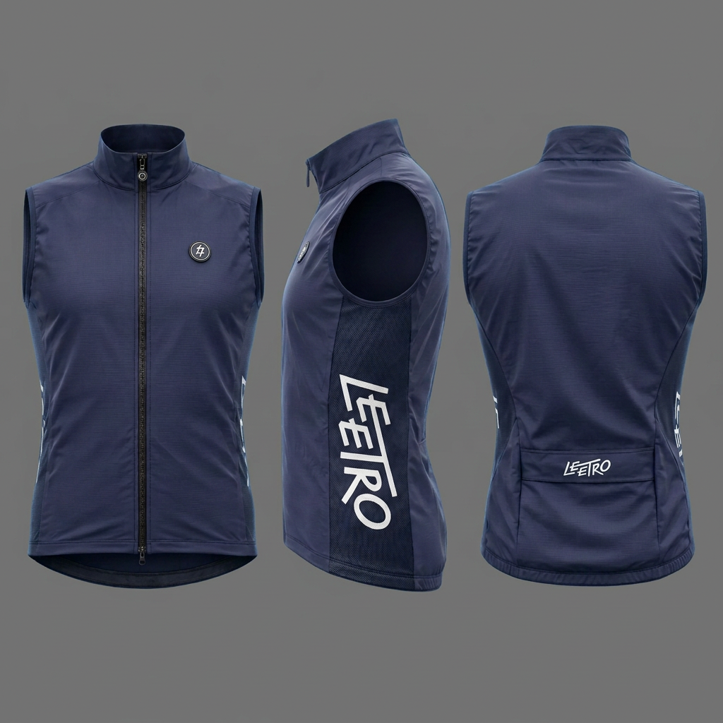 LEETRO windproof gilet front, side and rear views on mid-grey