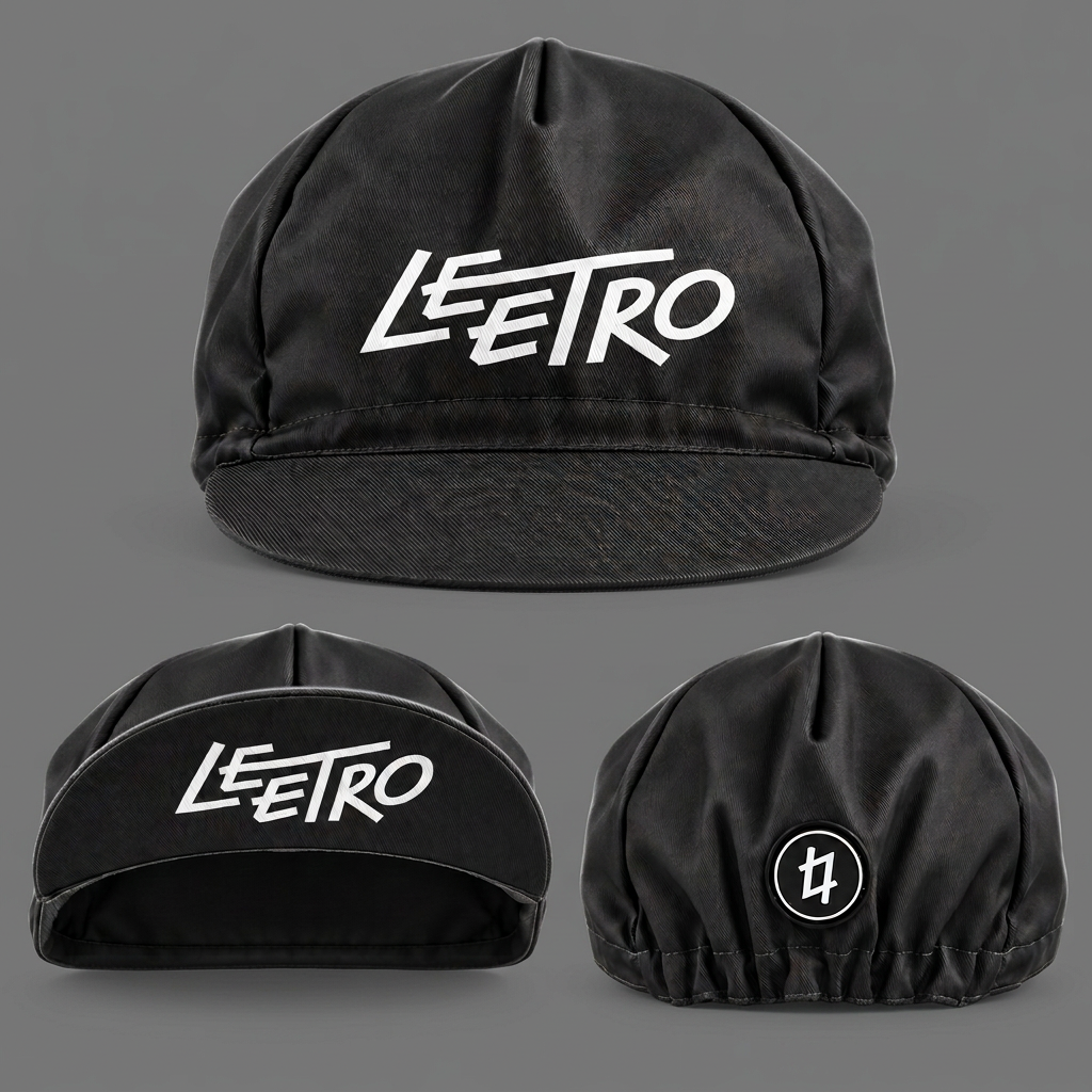 Black LEETRO cycling cap on a higher-contrast mid-grey background