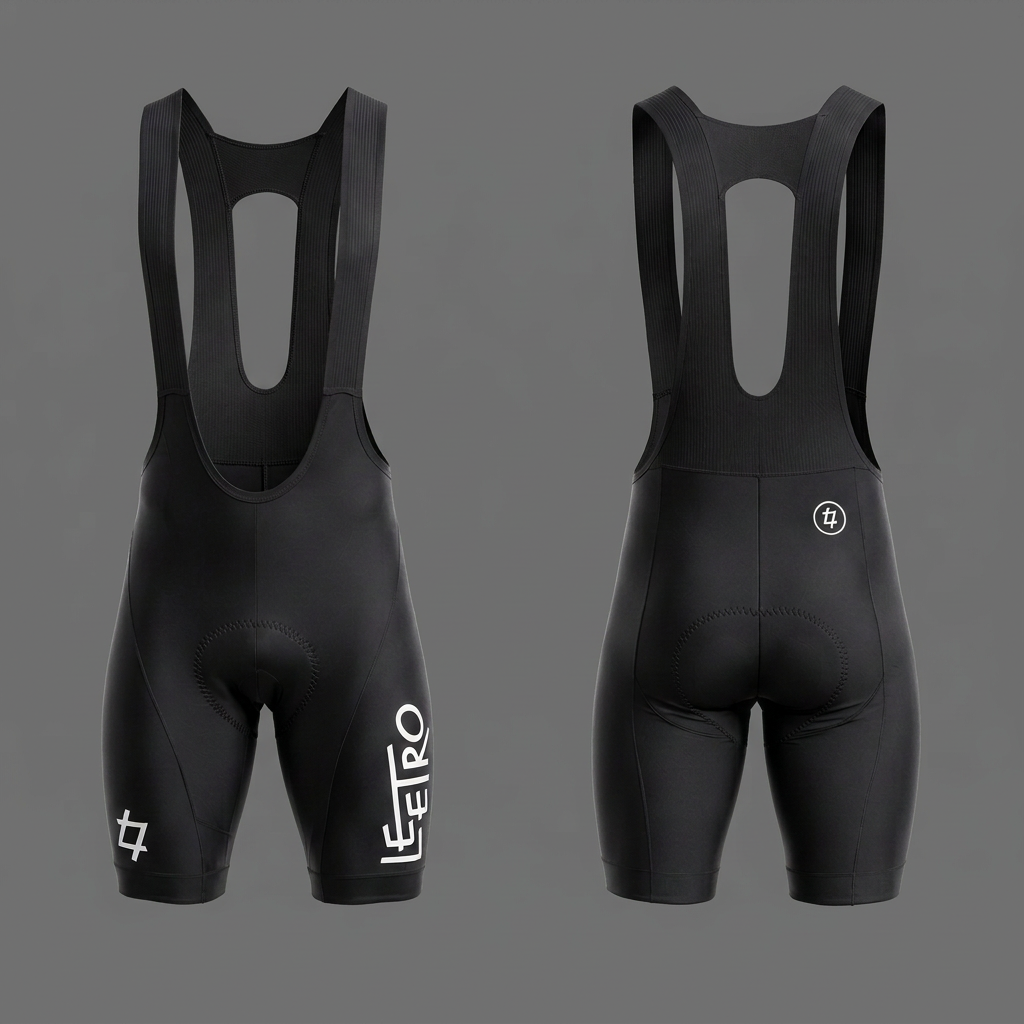 LEETRO black bib shorts front and rear views on a mid-grey background