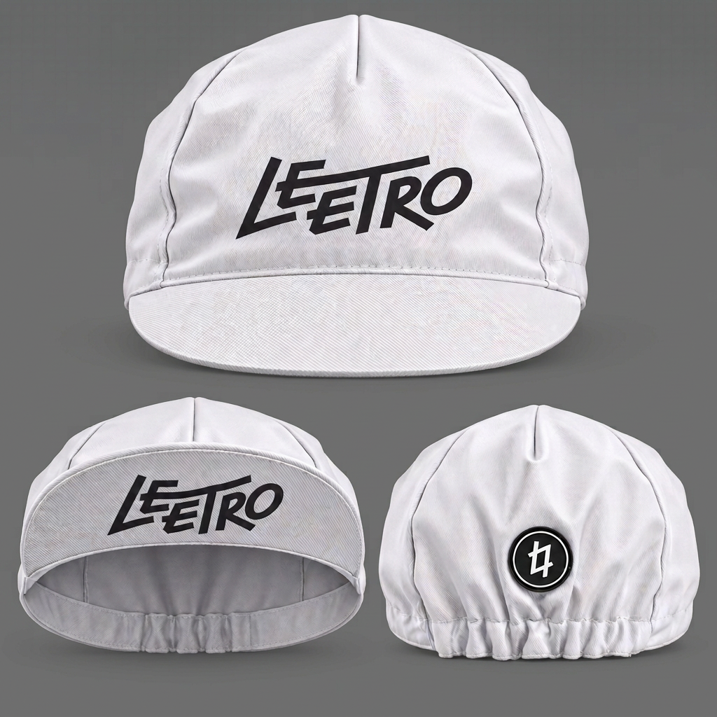 White LEETRO cycling cap on a mid-grey background