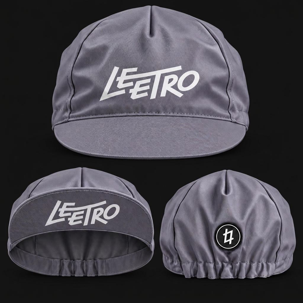 Grey LEETRO cycling cap on charcoal background