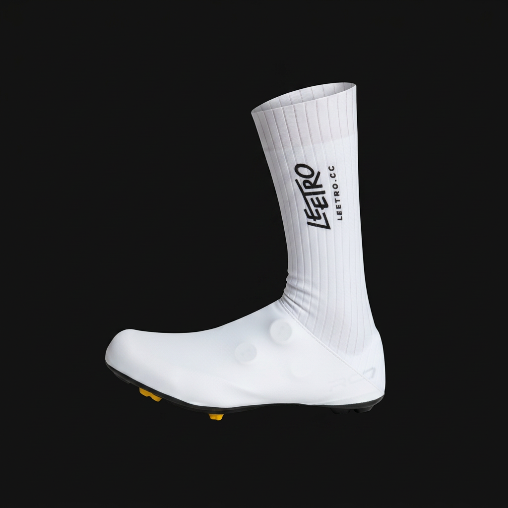White LEETRO cycling shoe cover, product-only on charcoal background