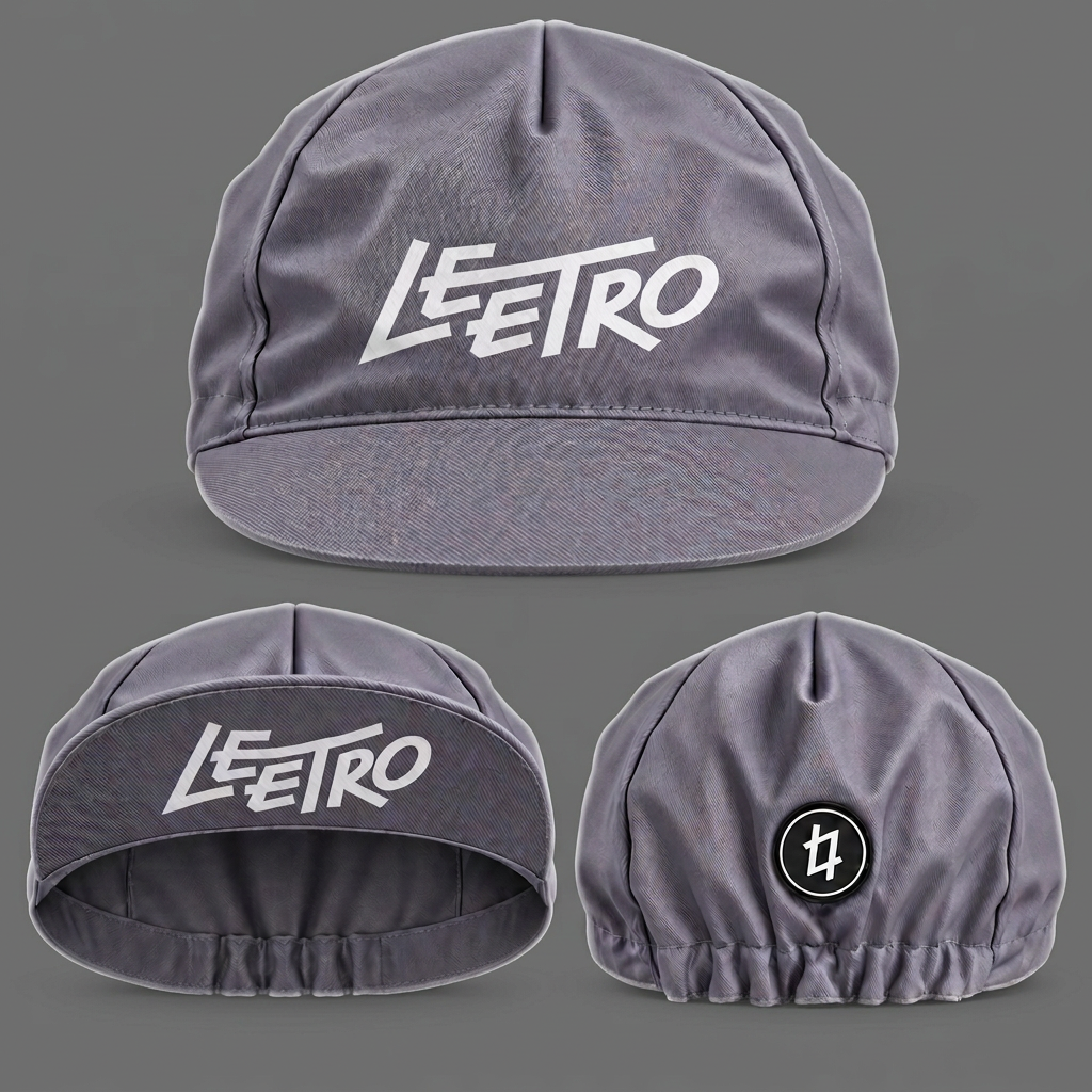 Grey LEETRO cycling cap on a mid-grey background