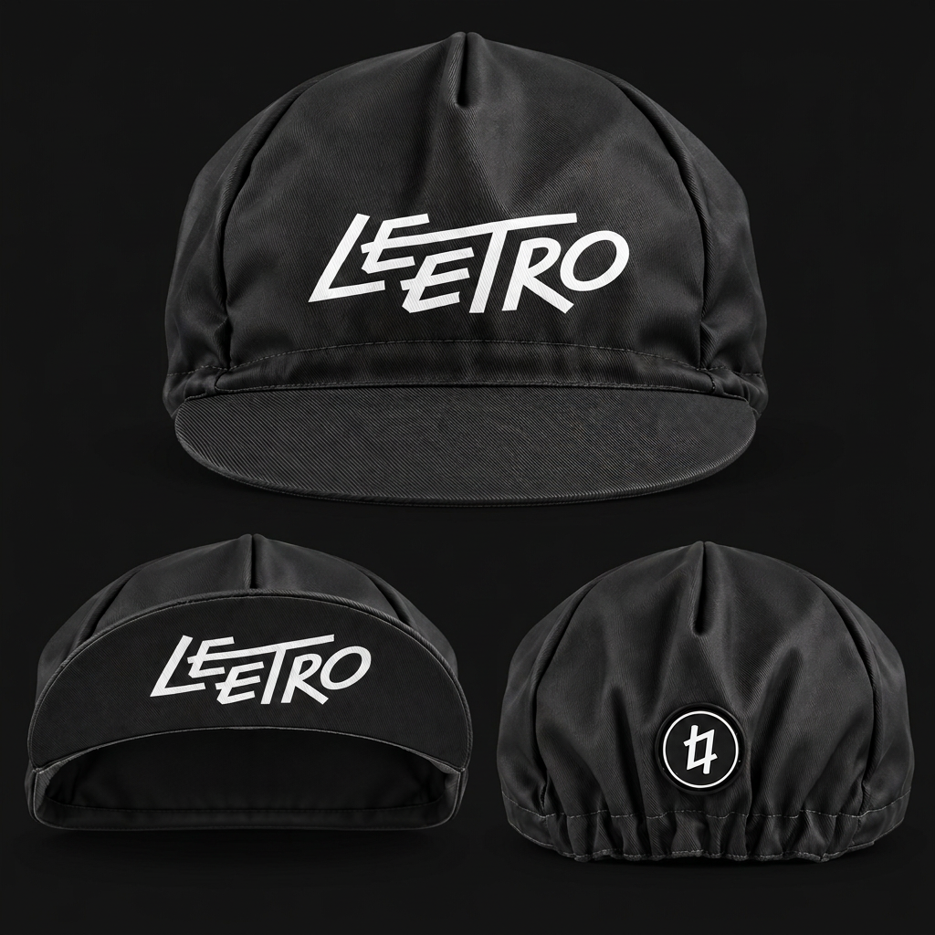 Black LEETRO cycling cap on charcoal background